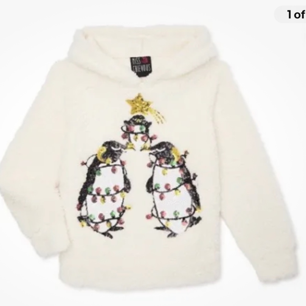 Miss Chievous Sequin Snow Peak Penguins Sherpa Hoodie Size Small (6-6X) NEW